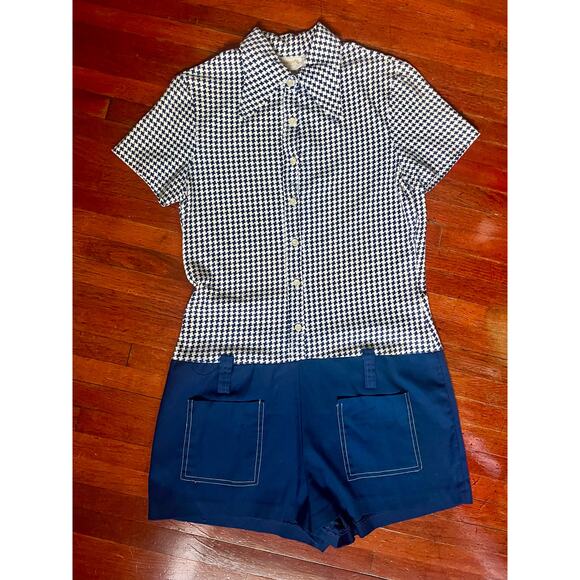 Vintage 70’s Bronson California Navy Blue White Drop Waist Playsuit Jumper Small - Picture 1 of 6